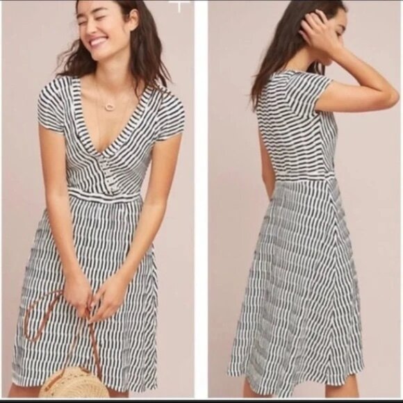 Anthropologie Maeve Blue & White Striped Midi Dress | Size XS - Picture 1 of 2